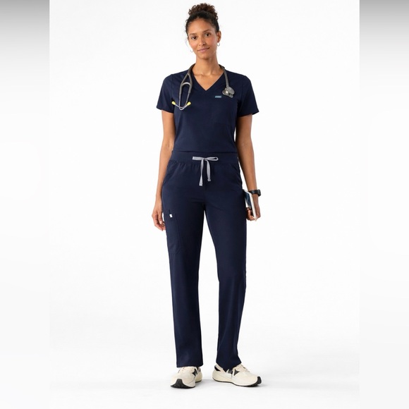 Figs Pants - Figs Scrub Set Navy Blue Straight Leg Pants and Three-Pocket Top